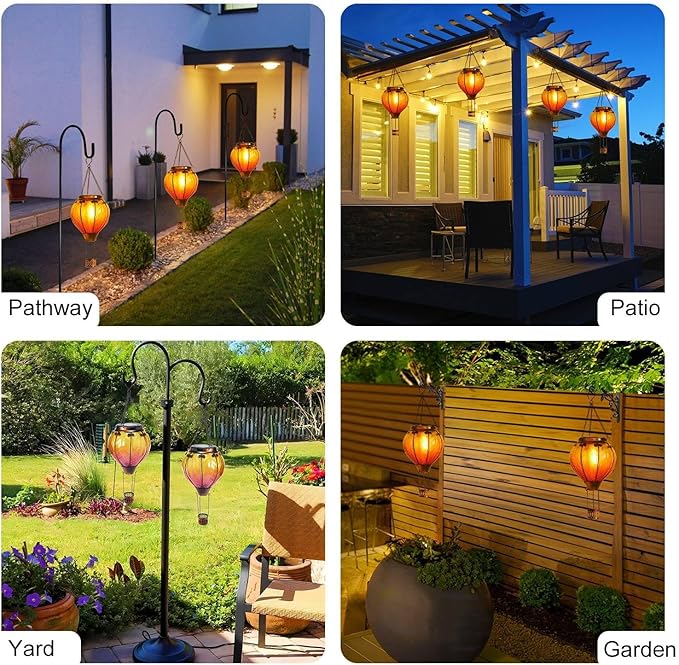 pearlstar Hot Air Balloon Solar Lantern with Flickering Flame Light Outdoor Solar Hanging Lights Waterproof for Garden Yard Farmhouse Patio Outside Decoration, Stained Glass Gradient Orange