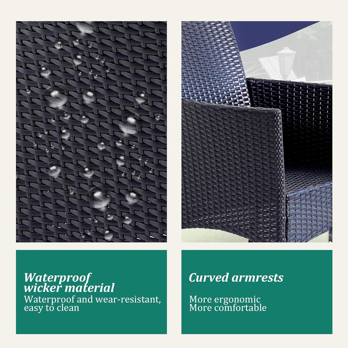 3 Piece Patio Furniture Set - Outdoor Conversation Sets with Coffee Table, Rattan Chair Set for Garden/Poolside, Coffee/Navy Blue