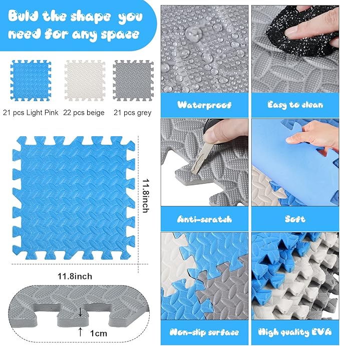 Shihanee Foam Floor Baby Tiles Foam Floor Mats Play Mats Bulk with Borders Interlocking for Kids Baby Playroom Nursery Gym (White, Gray, Blue,64ft)