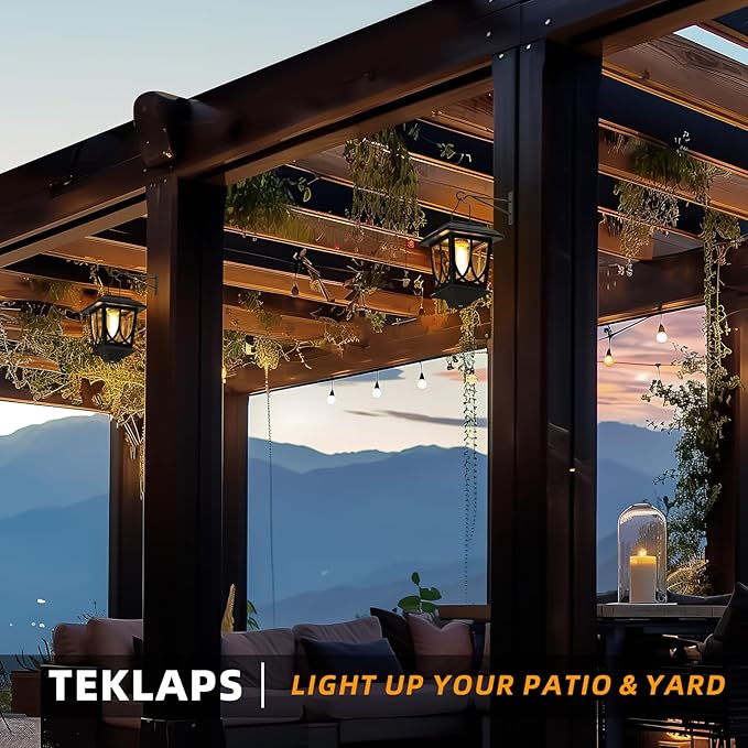 Solar Lanterns Outdoor Waterproof 2 Pack, Glass Auto On/Off LED Hanging Solar Lights, Outdoor Lantern with Wall Mount for Yard Fence Patio - Black