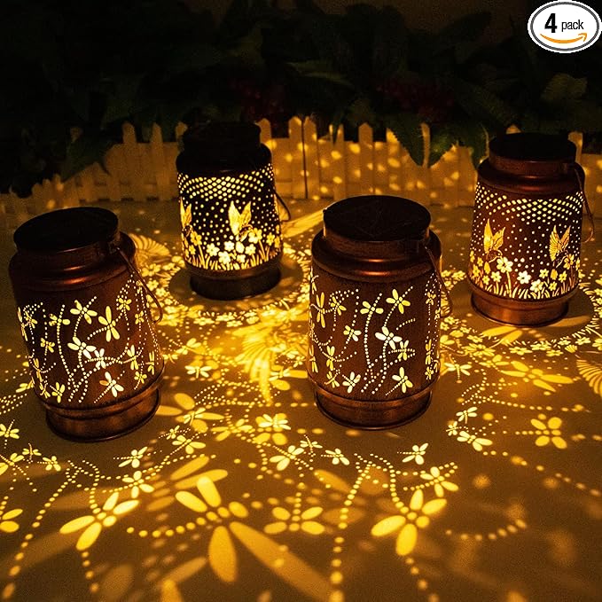 Mothers Day Gifts, 4 Packs Dragonfly&Hummingbird Solar Lantern Lights Outdoor Decor, Hanging Waterproof Metal Decorations, Landscape Lights for Garden Patio Yard Lawn Backyard Front Porch