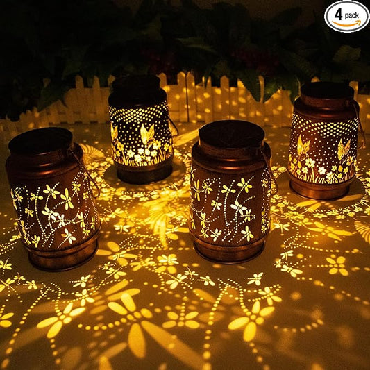 4 Packs Dragonfly&Hummingbird Solar Lantern Lights Outdoor Decor, Hanging Metal Decorations Waterproof with LED Light, Landscape Lights for Garden Patio Yard Lawn Backyard Front Porch