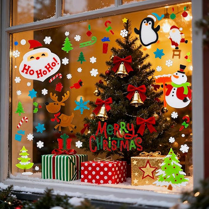 6 Sheet Christmas Window Clings Gel Santa Claus Snowman Snowflake Cardinals Penguin Christmas Window Decorations, Merry Xmas Wall Decor Stickers, School Home Xmas Party Decorations