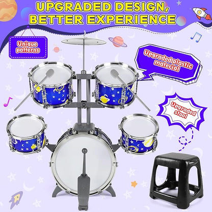 M SANMERSEN Upgraded Kids Jazz Drum Set Toddler Toy Drum Set with Stool, Plastic Rock Jazz Drum Kit Musical Toys Gift for Boys Girls 1-3 3-5