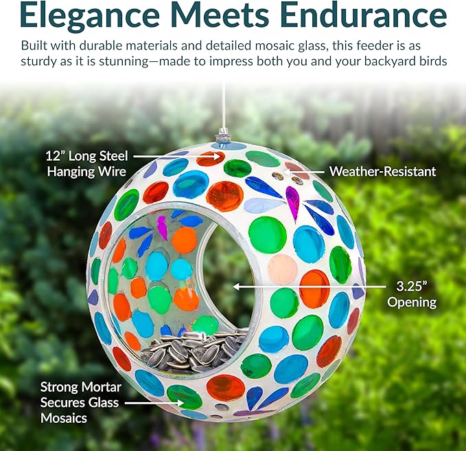 Sunnydaze 6-Inch Glass Mosaic Hanging Bird Feeder for Outdoors - Fly-Through Wild Bird Feeder - Dragonfly Dreams