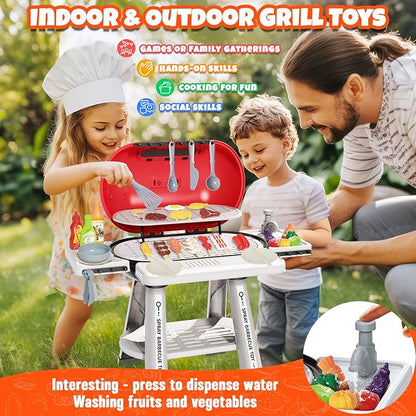 68 Pcs BBQ Grill Playset - with Smoke, Light, Sound & Play Food, Kids Toys Kitchen Play Set, Outdoor Play Grill Toy for Toddlers 3 4 5 6 7 8, Birthday Gifts for 3-8 Years Old Boy Girls