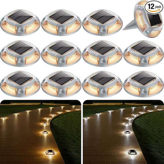 AGPTEK Solar Driveway Lights 12 Pack, 2 Colors in 1 Outdoor Solar Deck Dock Marine Waterproof LED Driveway Marker Security Lights for Outside Pathway,Boat Dock,Step,Walkway,Path,Garden (Warm & White)