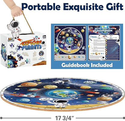 iPlay, iLearn Floor Puzzles for Kids Ages 3-6, Jigsaw Puzzle for kids Ages 4-8, Toddler Large Wooden Learning Toy, Educational Round Planets, Solar System Birthday Gift for 5-7 Year Old Boy Girl Child