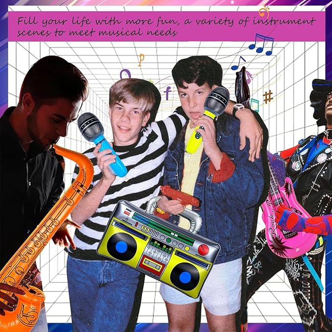 10pcs Inflatable Instruments Party Props Rock Star Toy Set Inflatable Saxophone Bass Rock Microphone Rock Electric Guitar Recorder Suitable for Various Music Parties(Retro Style)