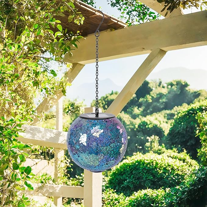 VCUTEKA Solar Chandelier Outdoor, Hanging Mosaic Solar Lights with Hook Up, Solar Garden Lantern Decor for Yard, Deck and Patio, Blue