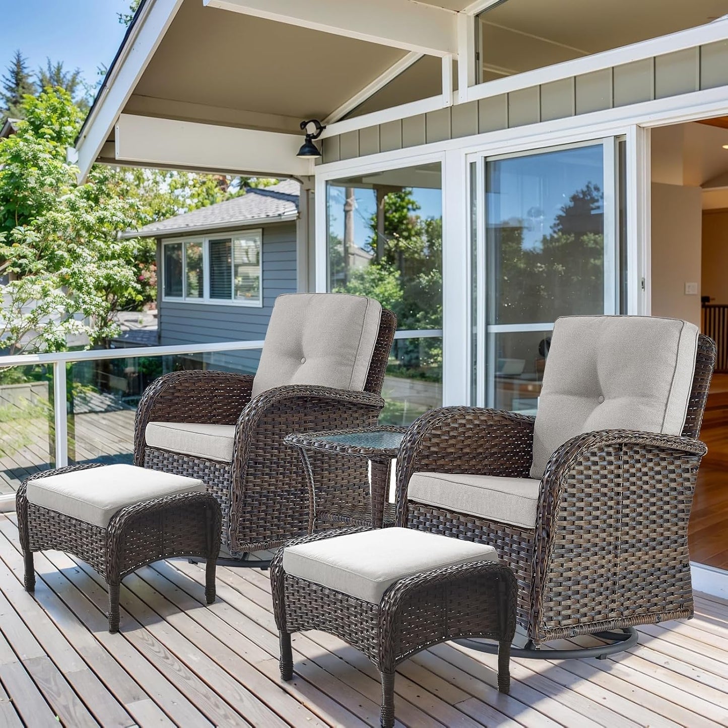 HUMMUH 5 Pieces Wicker Patio Furniture Set,Outdoor Swivel Gliders Rocker,Patio Ottomans,Glass Top Side Table,Outdoor Conversation Set for Porch Deck Backyard Poolside