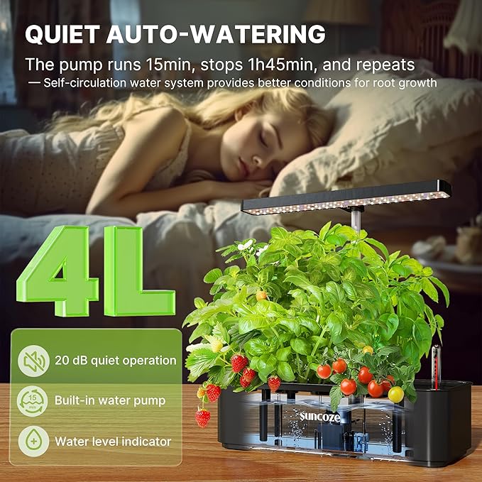 Hydroponics Growing System Kit 12 Pods, 24W LED Grow Light Indoor Garden, 4L Water Tank with Quiet Pump, Adjustable Height Herb Garden Planter Indoor Kit, Gardening Gifts, Black