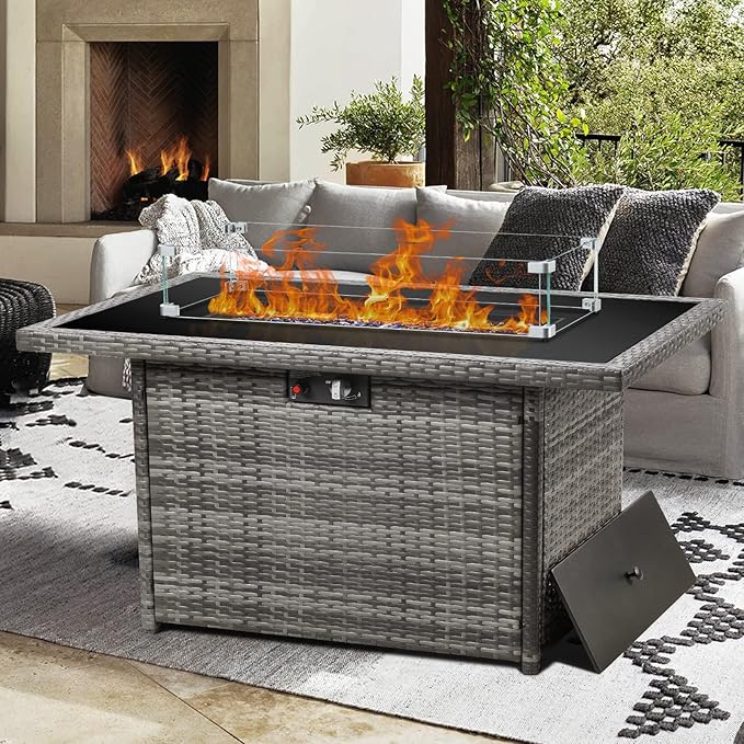 Propane Fire Pit Table,44 Inch 55000 BTU Outdoor Gas Fire Pit Rectangular with Glass Wind Guard for Outside Patio Deck (Gray-Glass Top)