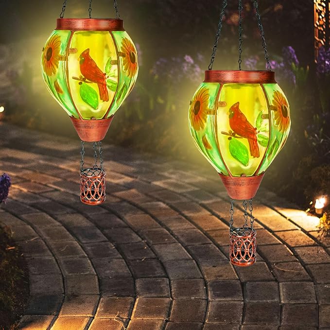 4 Pack Solar Hot Air Balloon Lantern With Flame, Cardinal Glass Solar Hanging Lights Outdoor Yard Patio Farmhouse Decoration, Gifts for Women Grandma Mom