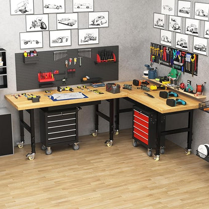 60" Adjustable Height Workbench, Heavy-Duty Work Bench Table with Locking Wheels, Portable Chipboard Work Table with Drawer & Power Outlets, for Repair Shop, Garage, Workshop, Office