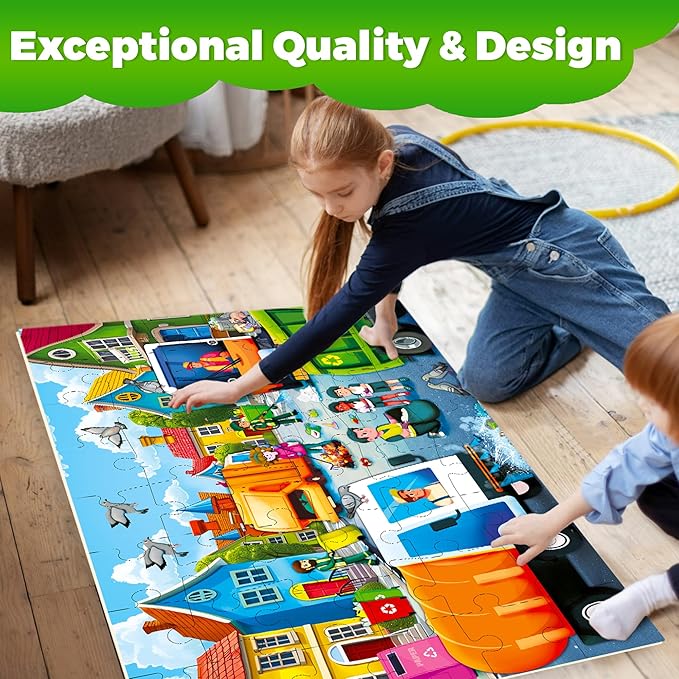 QUOKKA Giant Floor Puzzle for Kids Ages 4-6 – 2x3 Feet Extra-Thick 48 Pieces Toddler Puzzle Ages 3-5 – Garbage Trucks Educational Activity for Boys Girls – Premium Box with Sturdy Handle & Magnetic