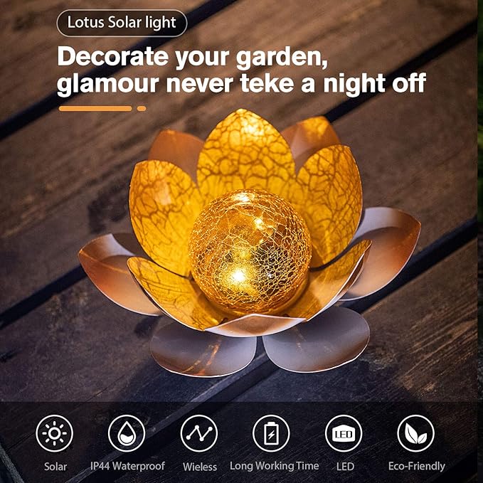 Huaxu Solar Lights Outdoor Garden Decorative Art Metal Lotus Cracked Glass Ball Waterproof Decorations for Pathway Lawn Patio Yard Ground Tabletop Gifts