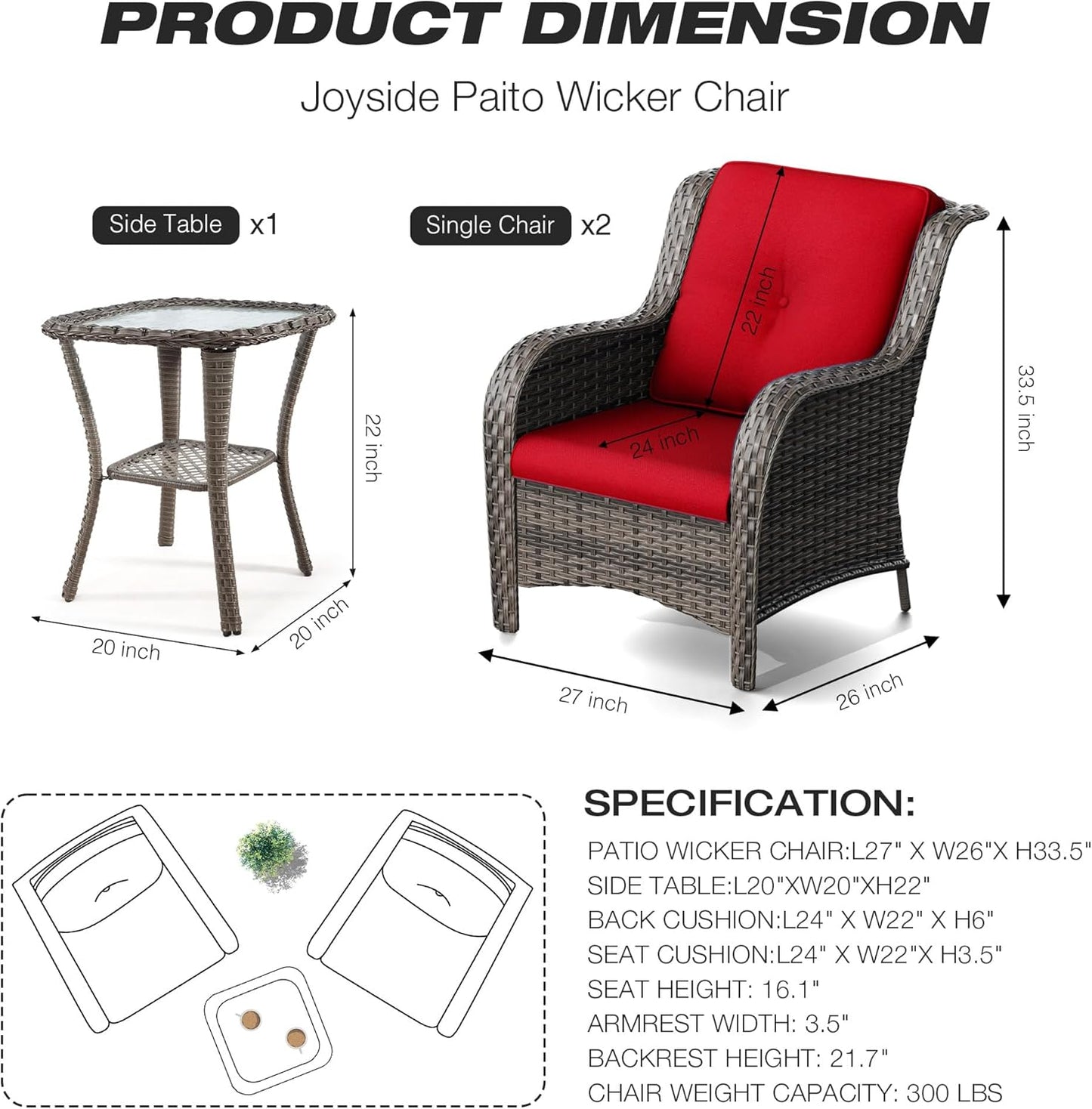 Joyside Patio Bistro Set Wicker Chairs - 3 Piece Outdoor Rattan Conversation Set with 2 Armrest Chair and 1 Side Table for Proch Deck Garden Backyard Balcony(Mixed Grey/Red)