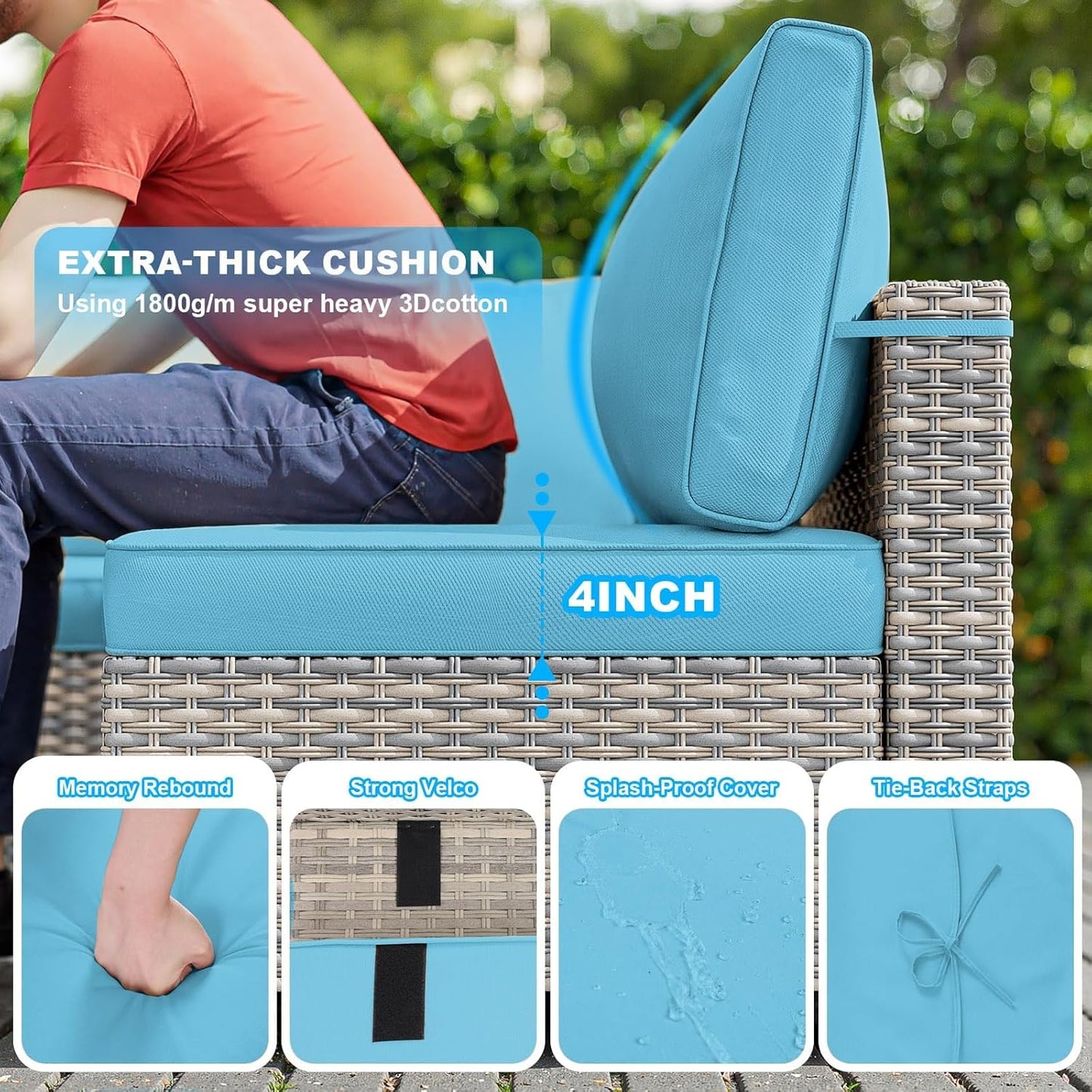 7-Piece Patio Furniture Set, Outdoor Sectional with Thick Cushions, Modular Patio Sofa, Dual-Strand Wicker Rattan, Rust-Resistant Frame, Backyard Furniture for Garden, Deck, Blue