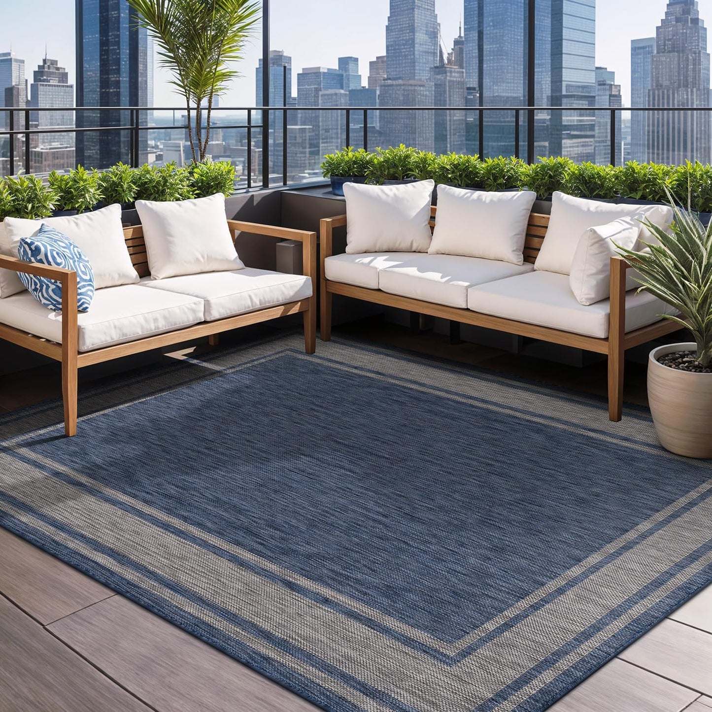 Beverly Rug Outdoor Rug 8x10 Modern Bordered Area Rugs for Indoor and Outdoor Patio Deck Porch Garden Waterproof Weather Sun Resistant Washable Outside Carpet (8 x 10 Navy)