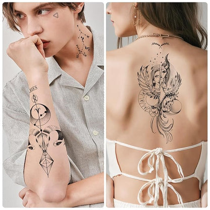 77 Sheets Temporary Tattoo, 17 Sheets Half Arm Lion Owl Antelope Rose Butterfly Constellation Chest Tattoos for Adults Men Women, 60 Sheets Small Tattoos Stickers for Boys Girls Kids Body Art Design