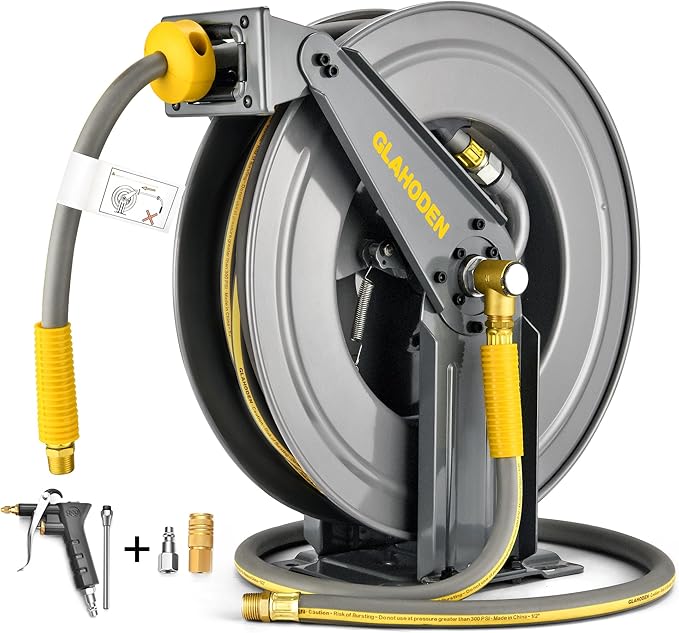 Double Arm Air Hose Reel 50 ft Retractable, 1/2 in Hybrid Hose Heavy Duty Steel Professional Air Compressor Hose Reel with 5 ft Lead in Max 300PSI Auto Rewind Quick Coupler Swivel Fitting