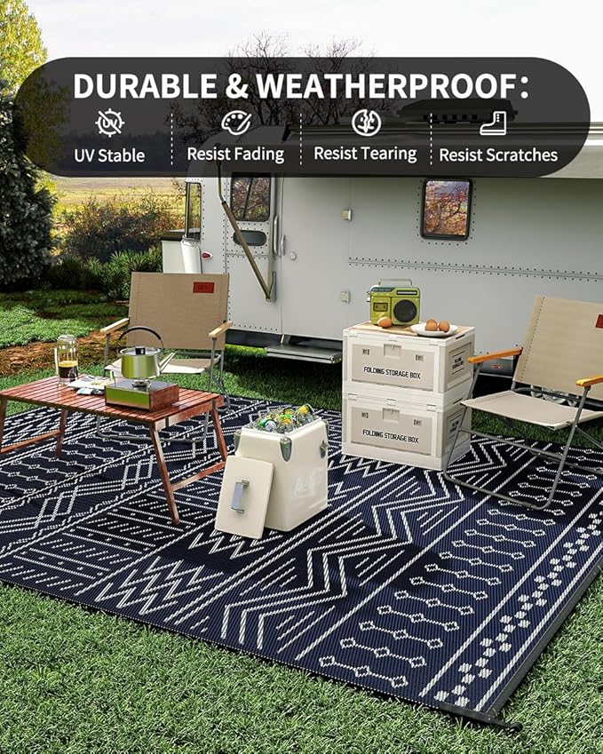 Outdoor Rug Carpet Waterproof 8x10 ft Patio Rug Mat Indoor Outdoor Area Rug for RV Camping Picnic Reversible Lightweight Plastic Straw Outside Rug for Patio Decor Decoration Boho Rug Navy Blue White