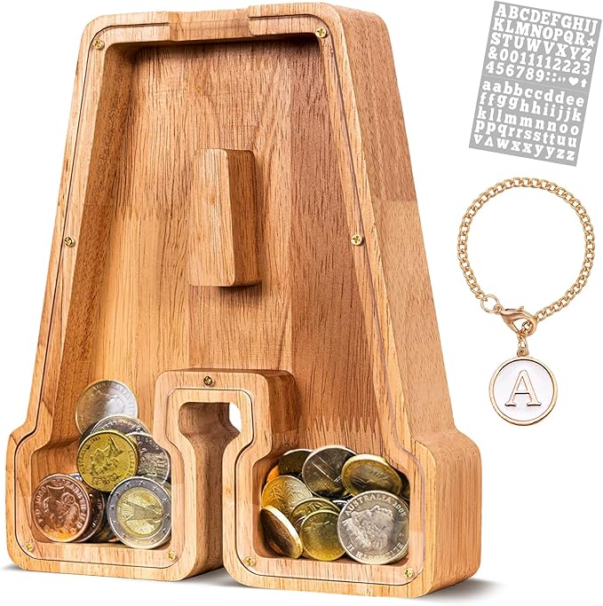 KMC Wooden Letter Piggy Bank, Personalized Initial Piggy Bank for Kids Boys, Clear Alphabet A Wood Money Box, Unbreakable Coin Saving Jar, Birthday, for Children