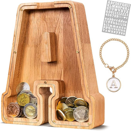 KMC Wooden Letter Piggy Bank, Personalized Initial Piggy Bank for Kids Boys, Clear Alphabet A Wood Money Box, Unbreakable Coin Saving Jar, Birthday, for Children