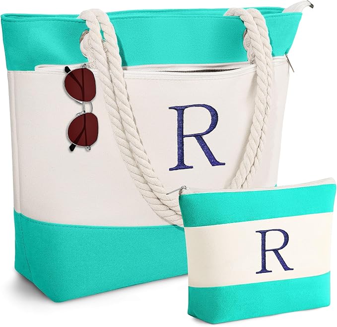 YOOLIFE Beach Bags for Women - Initial Tote Waterproof Bag with Makeup Bag, Mothers Day Gifts for Women Mom Friend Birthday