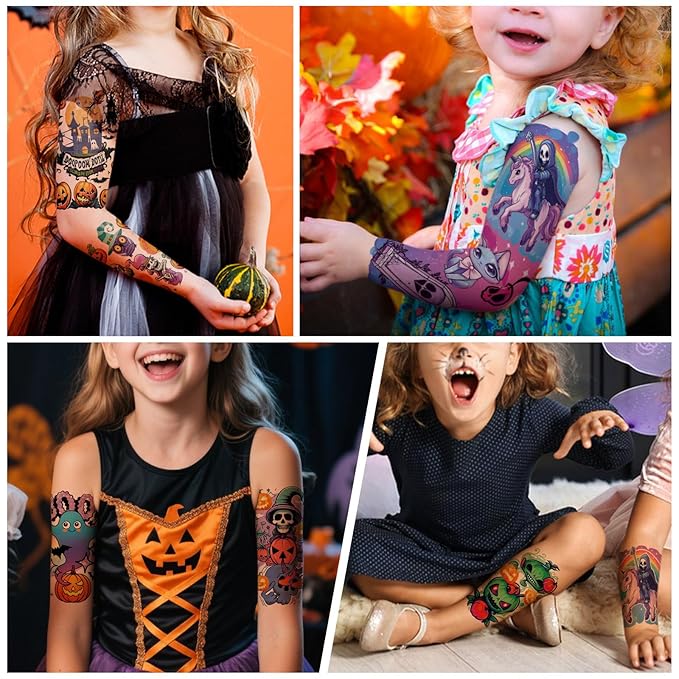 Halloween Temporary Tattoos for Kids, 52 Sheets Full Arm Sleeve Halloween Fake Tattoos for Boys and Girls, Ghost Pumpkin Witch Pattern for Halloween Party Favors