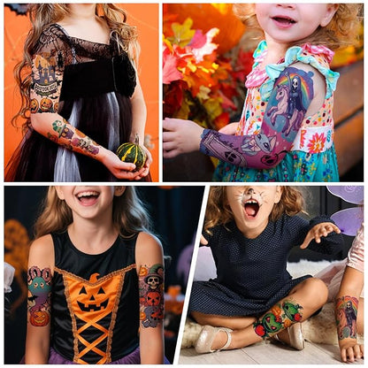 Halloween Temporary Tattoos for Kids, 52 Sheets Full Arm Sleeve Halloween Fake Tattoos for Boys and Girls, Ghost Pumpkin Witch Pattern for Halloween Party Favors