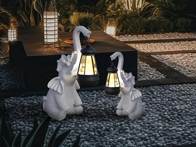 Statue Decoration, Figurine, Lawn Statue, Sculpture Ornament, Animal Figurine - Elephant Resin Statue with Lantern (Hand-JD Trunk-JD)
