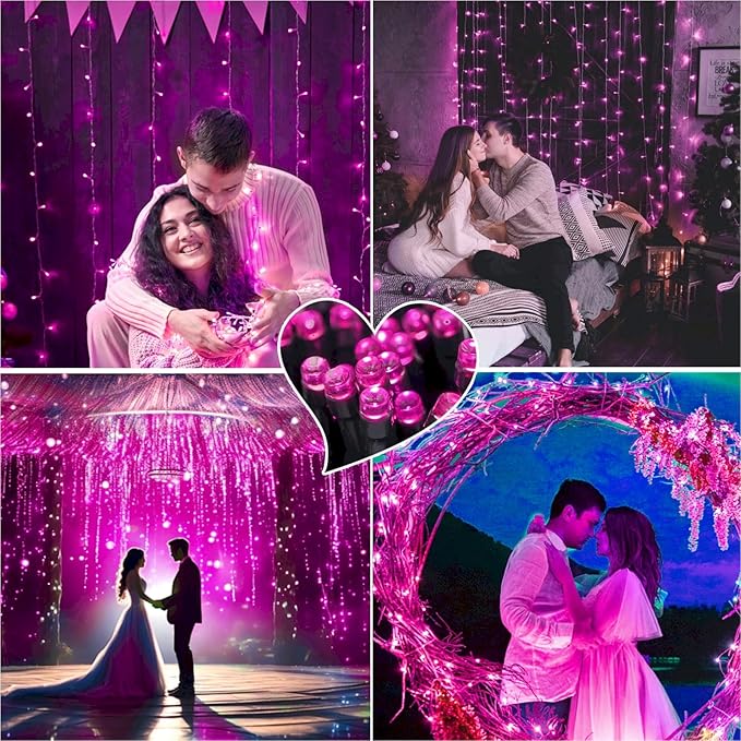 2 Pack 400 LED Solar Pink String Lights Valentine Decor, 8 Modes Solar String Lights for Outside, Waterproof and Solar Powered Outdoor Lights for Valentine Yard Garden Tree Wedding Party (Pink)