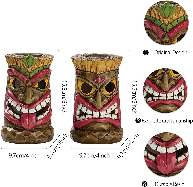 TERESA'S COLLECTIONS Tiki Head Garden Decor with Solar Outdoor Light, Set of 2 Tropical Hawaiian Tiki Torch Resin Christmas Decorations Garden Sculptures & Statues Yard Decor Thanksgiving Gifts 6"