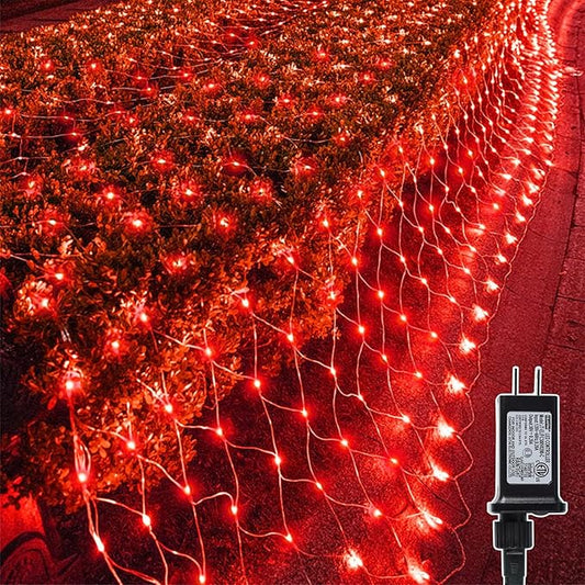LJLNION Christmas Net Lights, 360 LED 12ft x 5ft Connectable Mesh Fairy String Lights, 8 Lighting Modes, Low Voltage Safe Adaptor for Xmas Trees Bushes Wedding Outdoor Holiday Garden Decorations, Red