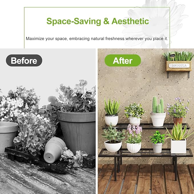 2-Tier Black Metal Ladder Plant Stand, Versatile for Indoors & Outdoors, Perfect as a Multi-Plant Display Rack for Windowsills, Patios, Balconies