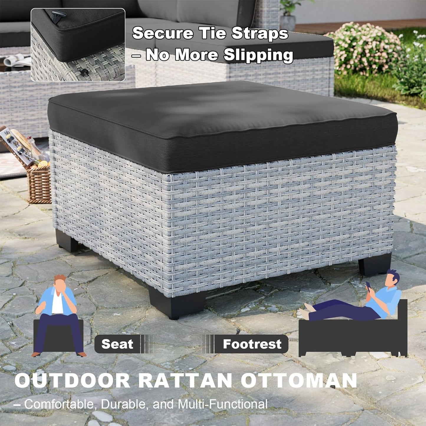 9-Piece Patio Furniture Set, Outdoor with Ottomans, Modular Patio Sofa, Dual-Strand Wicker Rattan, Rust-Resistant Frame, Backyard Furniture for Garden, Deck, Black