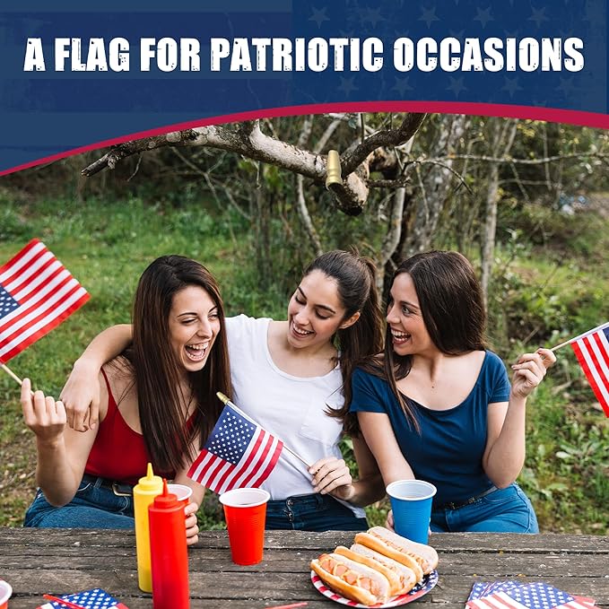 Super Tough 4"x6" Cotton US Stick Flag with Spear Tip - USA-Made Hand Held American Ensign for Parades, Holidays, and Events - Durable Cotton Fabric - Ideal for Patriotic Celebrations -100 Pack