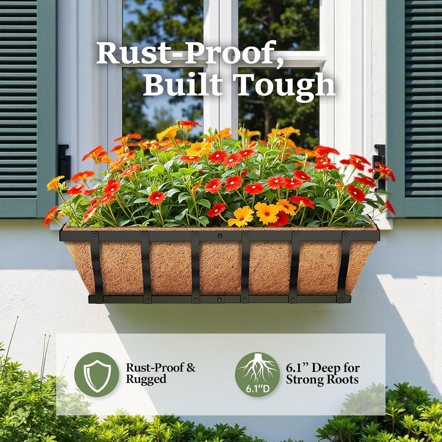 Railing Planter Boxes, Heavy Duty Wall-Mounted Window Box Planters with Coco Liner, Outdoor Window Flower Boxes for Windowsill, Deck, Porch, Balcony, and Patio Gardening (2 Pack, 24 Inch)