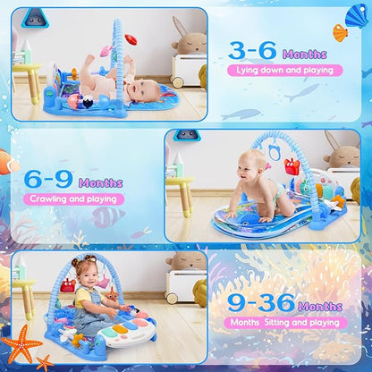 Baby Gyms Play Mats with Tummy Time Water Mat, Baby Activity Mat Play Piano Gym with 5 Sensory Toys for Babies, Music & Lights Boy & Girl Gifts for Newborn Babies 0-3 4-6 6-9 6-12 Months