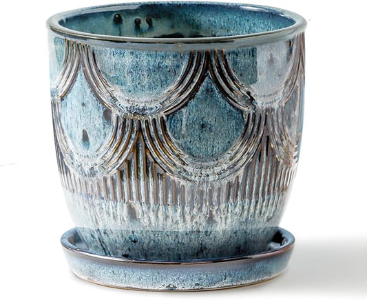 Ceramic Planter Pot, 5in, Reactive Glaze Blue, Indoor Outdoor Usage, with Drainage Hole and Saucer