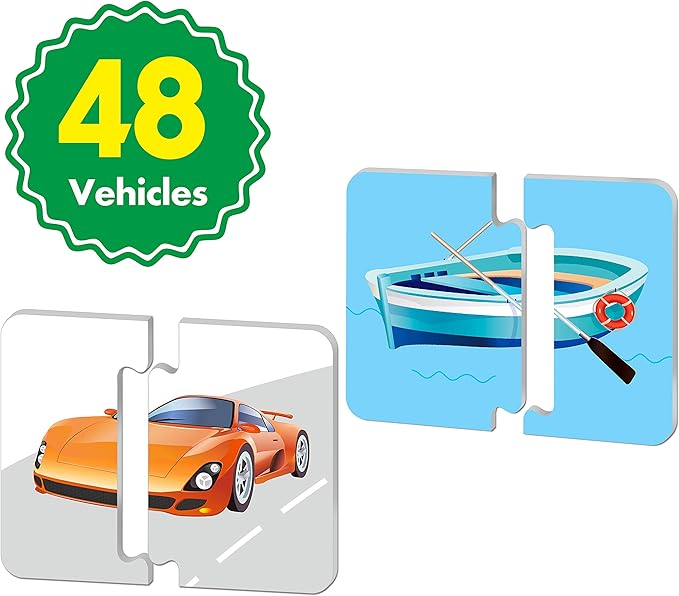 48 Vehicle Matching Puzzles with Error-Correction Mechanism Pre-Primer in 2 Pieces, Perfect for Preschool Learning (24 Blocks Double Sided)