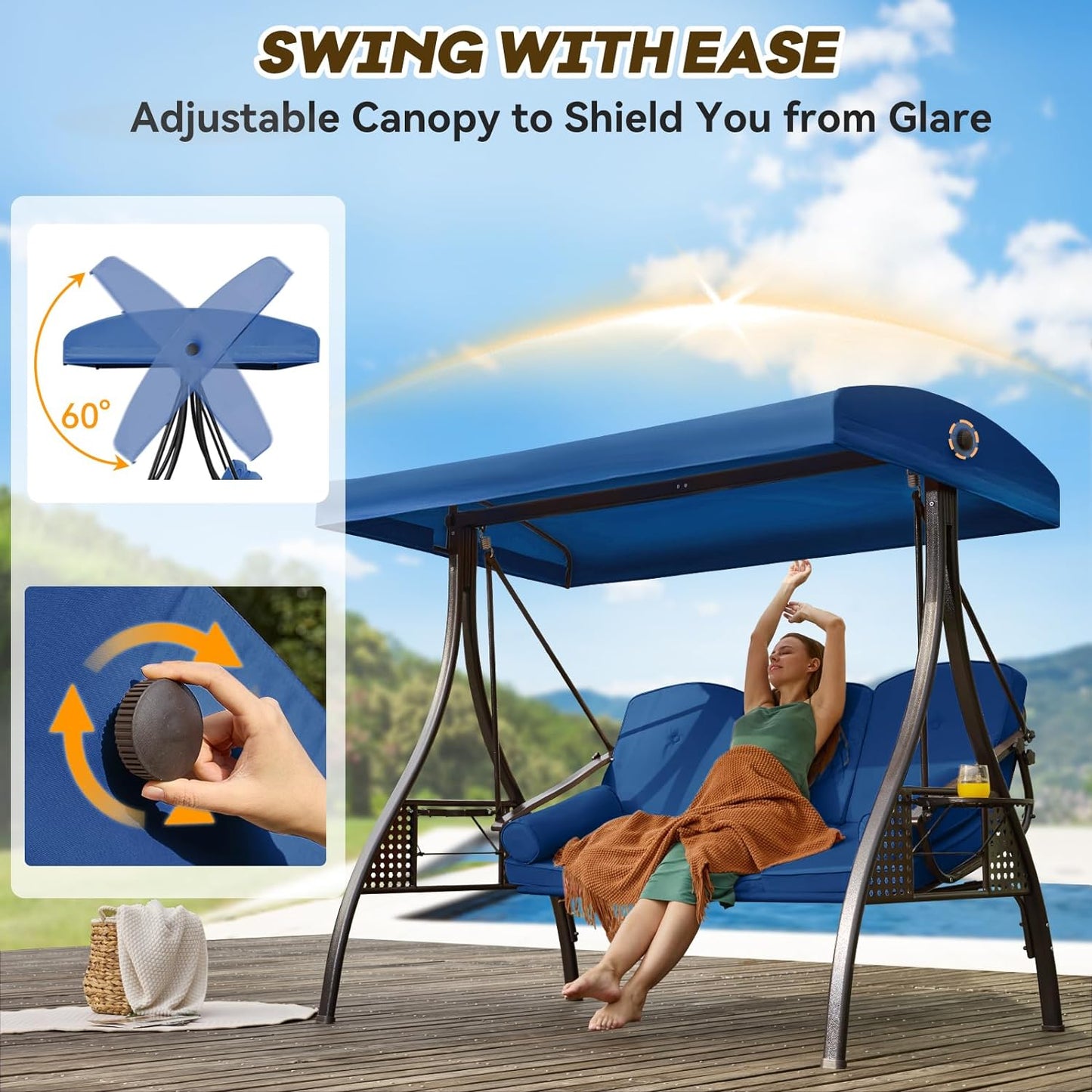 3 in 1 Outdoor Porch Swing with Adjustable Canopy, 3 Seat Outdoor Swing for Adults, Patio Swing Chair with Thickened Cushions,Pillows & Cup Holders for Backyard, Porch, Garden (Blue)