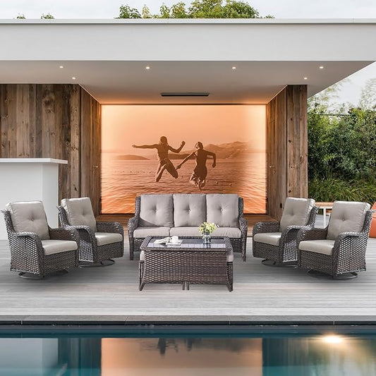Wicker Patio Furniture Sets - 8 Piece Outdoor Rattan Furniture Conversation Sets with 4 Swivel Rocker Chairs, Rattan Sofa, Wicker Ottomans and Coffee Table, Brown/Grey Cushion