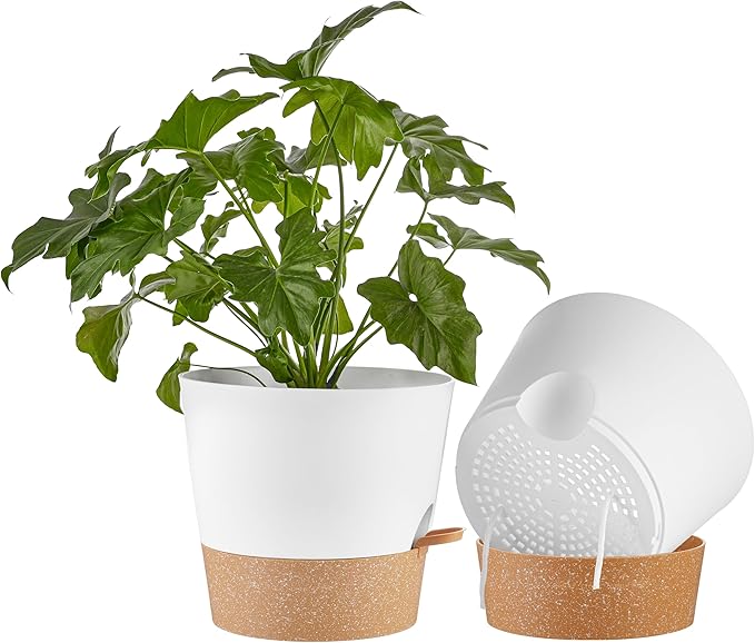 FaithLand 2-Pack 10 Inch Planter Pots for Indoor Outdoor Plants, Self Watering Flower Pots with Deep Reservoir, White with Terracotta …