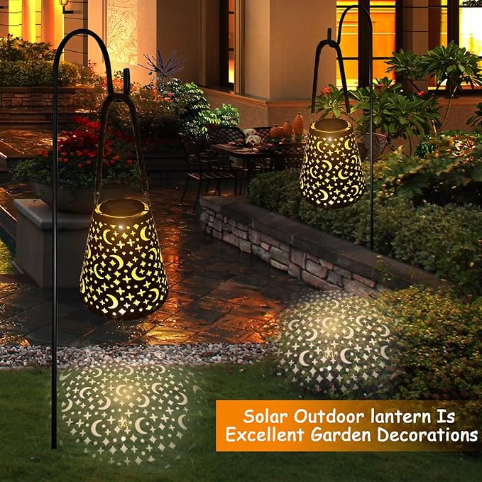 Hanging Solar Lanterns Outdoor Waterproof Star Moon Solar Lights Metal Outdoor Decor, LED Decorative Solar Garden Lights for Garden, Backyard, Tree, Porch(1 Pack)