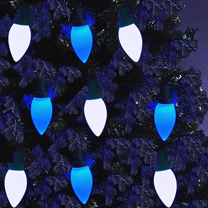 C9 Christmas Lights Outdoor 50 LED Blue + Cool White Strawberry 34.5ft Waterproof Xmas String Light for Garden Yard Home Party Holiday Christmas Tree Indoor Decoration(Blue + Cool White)