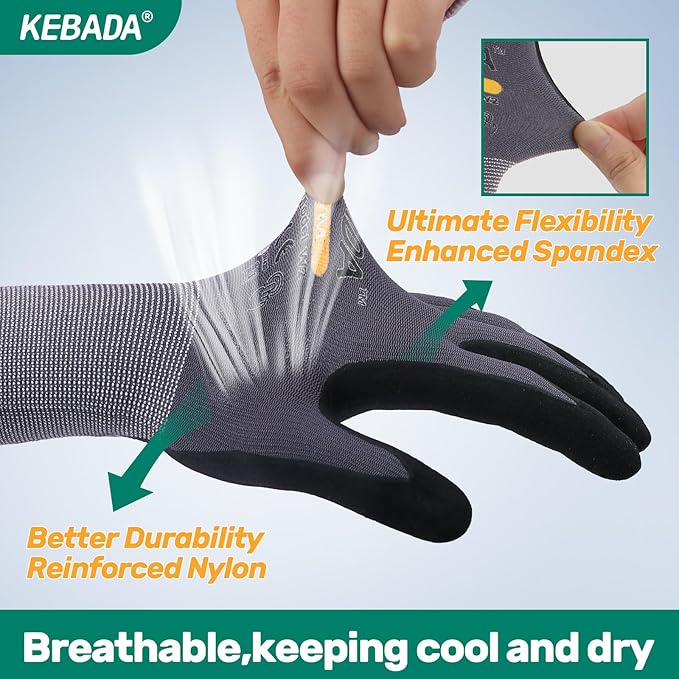 Kebada W2 Safety Work Gloves, Micro-Foam Nitrile Coated Gloves, Touchscreen,Ideal for Package Handling, Gardening, Construction, 1 Pair XX-Large
