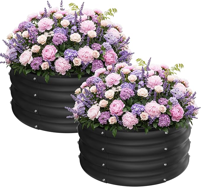 ZXZYHFTY Round Galvanized Raised Garden Bed kit,Black Outdoor Garden Raised Planter Box, Round Large Metal Raised Garden Beds for Vegetable 2 * 2 * 1ft 2 Pcs